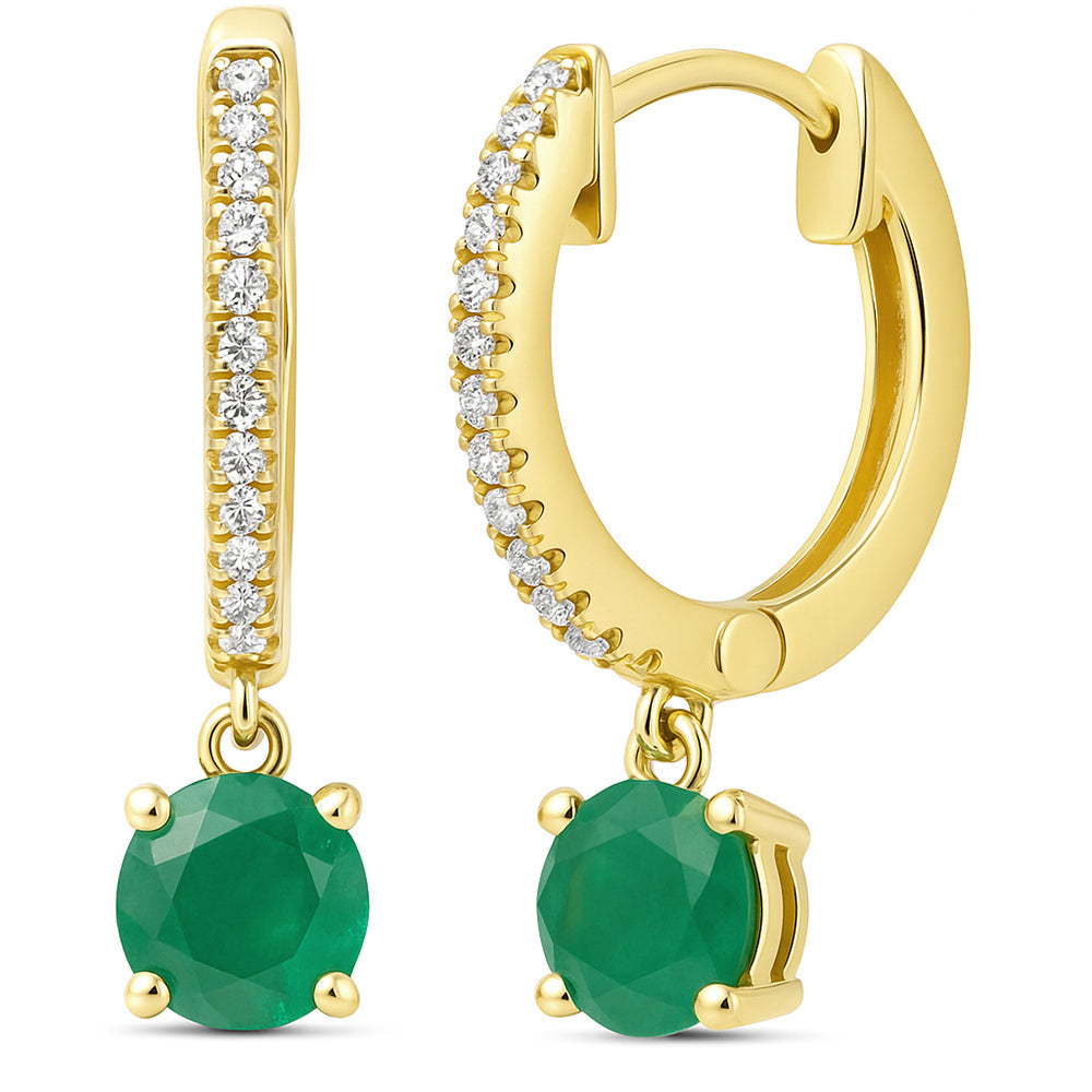 SPECIAL!.87ct G SI 14K Yellow Gold Diamond & Emerald Gemstone Hoop Huggie Dangle Earrings