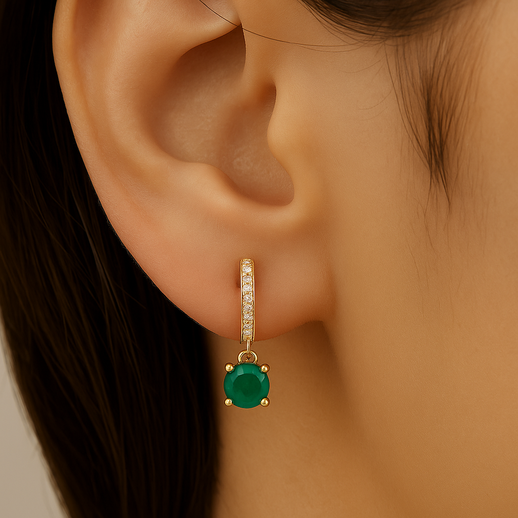 SPECIAL!.87ct G SI 14K Yellow Gold Diamond & Emerald Gemstone Hoop Huggie Dangle Earrings