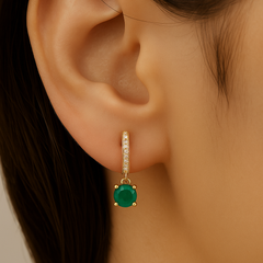 SPECIAL!.87ct G SI 14K Yellow Gold Diamond & Emerald Gemstone Hoop Huggie Dangle Earrings