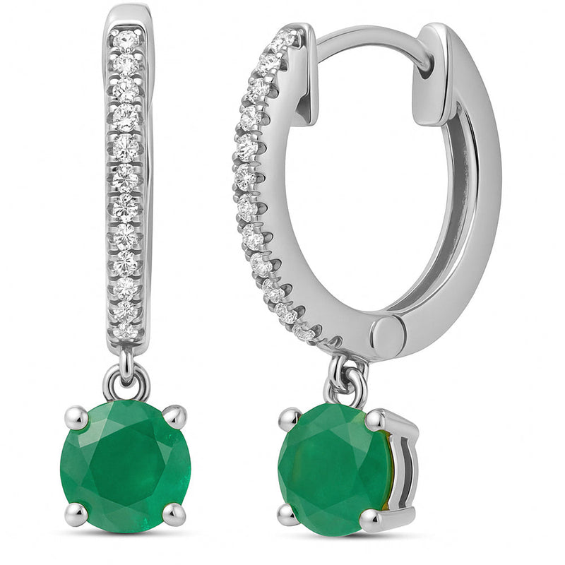 SPECIAL!.93ct G SI 14K White Gold Diamond & Emerald Gemstone Hoop Huggie Dangle Earrings