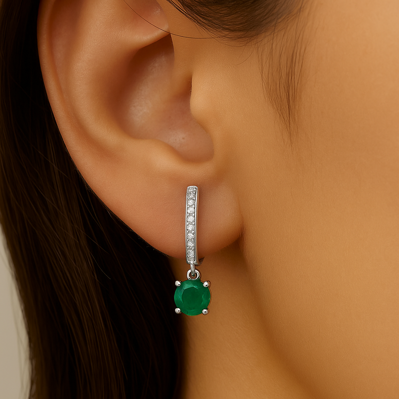 SPECIAL!.93ct G SI 14K White Gold Diamond & Emerald Gemstone Hoop Huggie Dangle Earrings