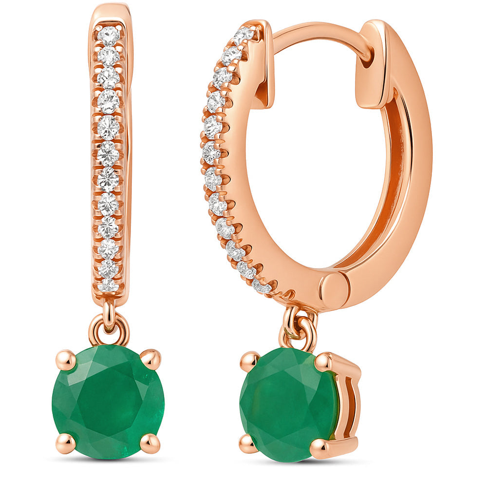 SPECIAL!1.10ct G SI 14K Rose Gold Diamond & Emerald Gemstone Hoop Huggie Dangle Earrings