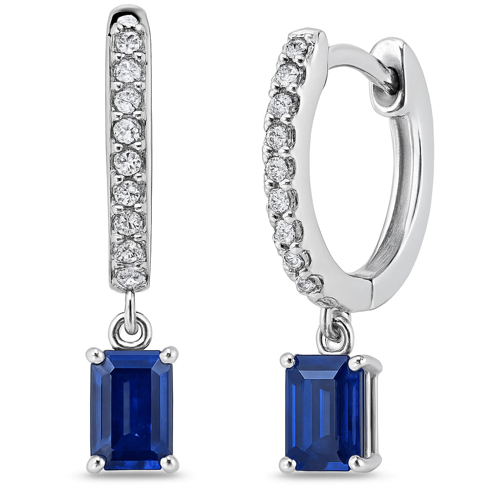 SPECIAL!.57ct G SI 14K White Gold Diamond & Blue Sapphire Gemstone Hoop Huggie Dangle Earrings