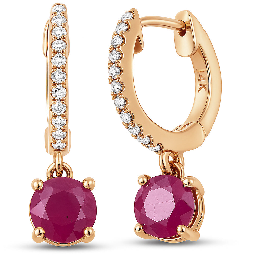 SPECIAL!1.35ct G SI 14K Rose Gold Diamond & Ruby Gemstone Hoop Huggie Dangle Earrings