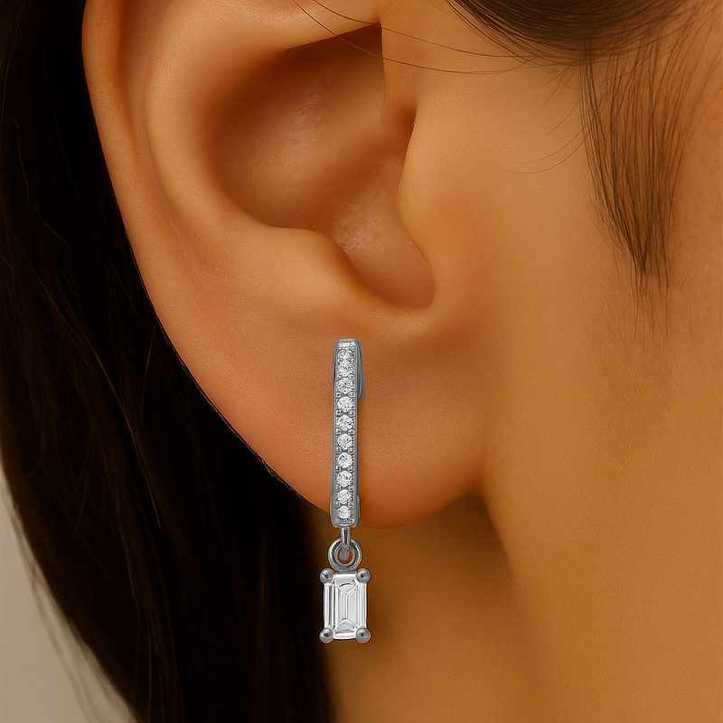 SPECIAL!.31ct G SI 14K White Gold Emerald Cut Diamond Hoop Huggie Dangle Earrings