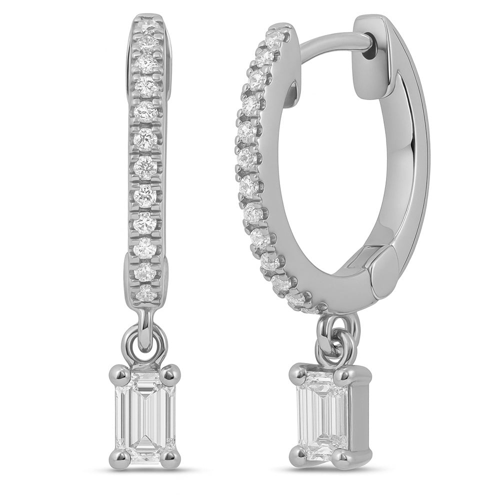 SPECIAL!.31ct G SI 14K White Gold Emerald Cut Diamond Hoop Huggie Dangle Earrings