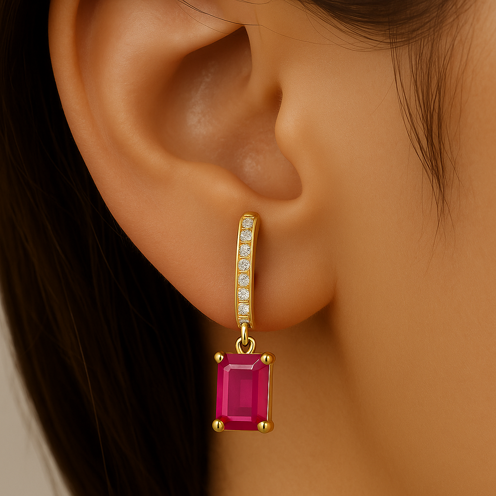 SPECIAL!1.28ct G SI 14K Yellow Gold Diamond & Ruby Gemstone Hoop Huggie Dangle Earrings