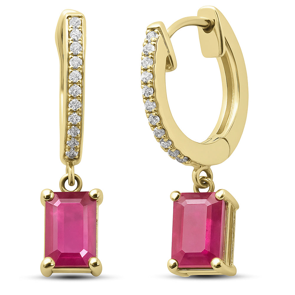 SPECIAL!1.28ct G SI 14K Yellow Gold Diamond & Ruby Gemstone Hoop Huggie Dangle Earrings