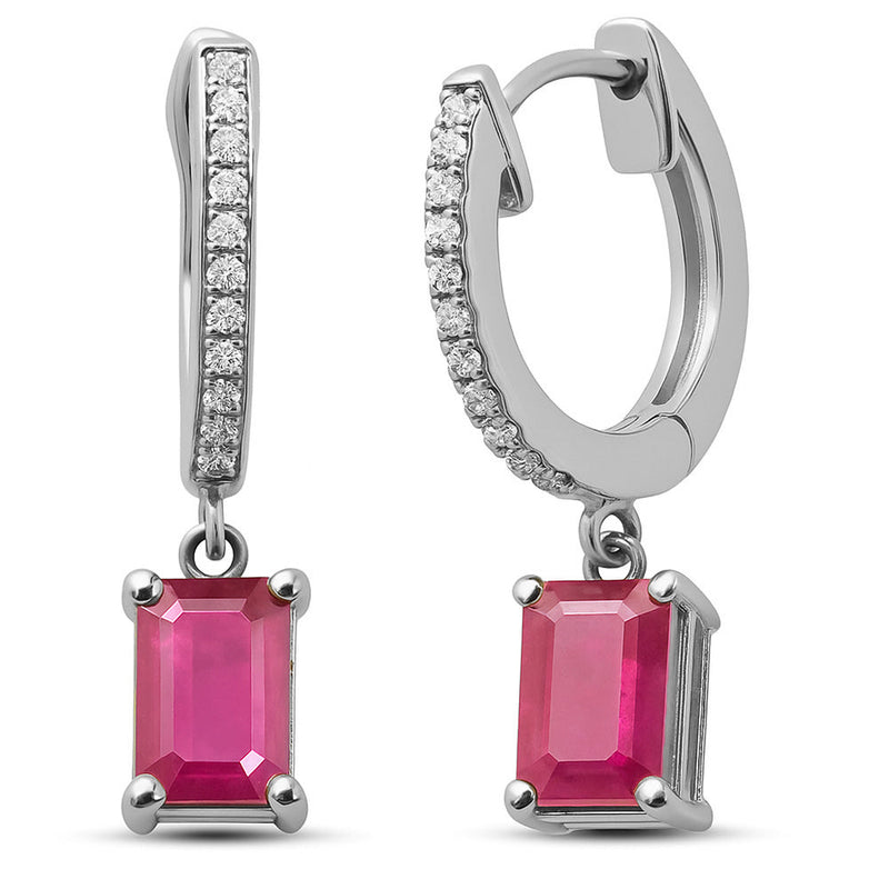 SPECIAL!1.54ct G SI 14K White Gold Diamond & Ruby Gemstone Hoop Huggie Dangle Earrings