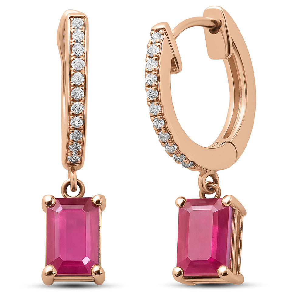 SPECIAL!.92ct G SI 14K Rose Gold Diamond & Ruby Gemstone Hoop Huggie Dangle Earrings
