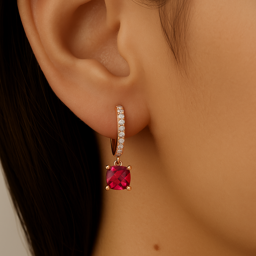SPECIAL!.60ct G SI 14K Rose Gold Diamond & Ruby Gemstone Hoop Huggie Dangle Earrings