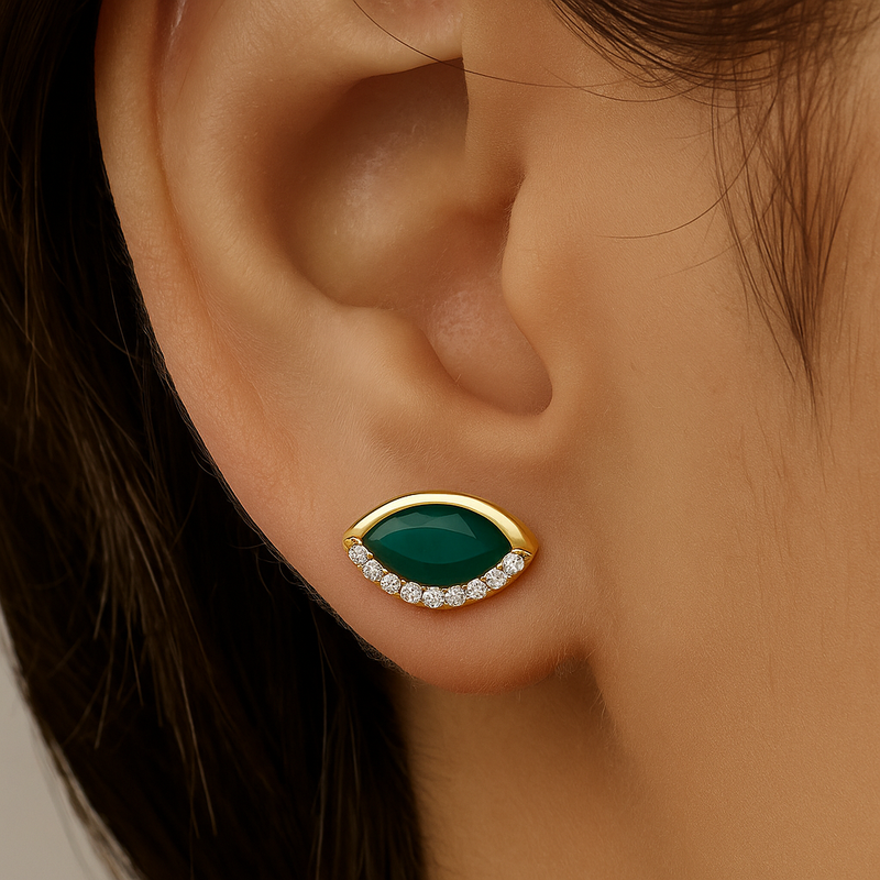 SPECIAL! .87ct G SI 14K Yellow Gold Diamond & Emerald Gemstone Evil Eye Earrings