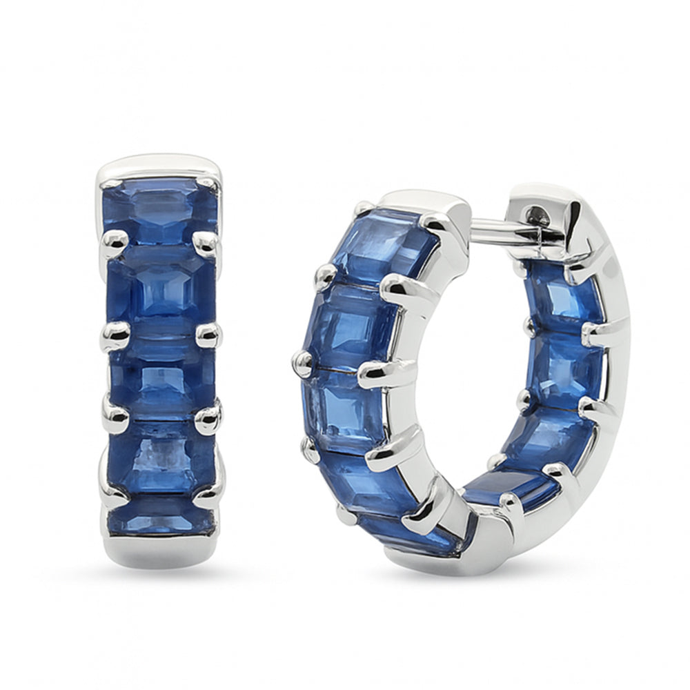 SPECIAL! 5.04ct G SI 14K White Gold Emerald Cut Blue Sapphire Gemstones Hoop Huggie Earrings