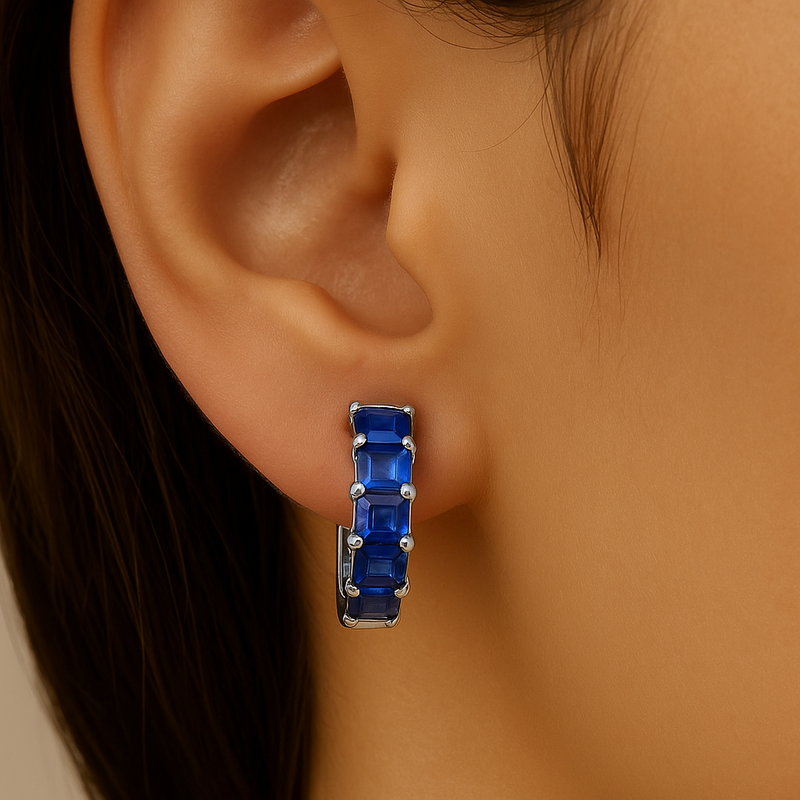 SPECIAL! 5.04ct G SI 14K White Gold Emerald Cut Blue Sapphire Gemstones Hoop Huggie Earrings