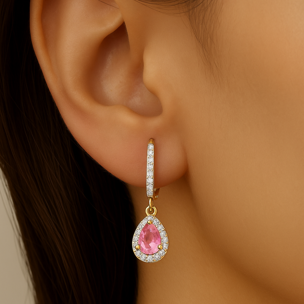SPECIAL!.69ct G SI 14K Yellow Gold Diamond & Pink Sapphire Gemstone Lever Back Earrings