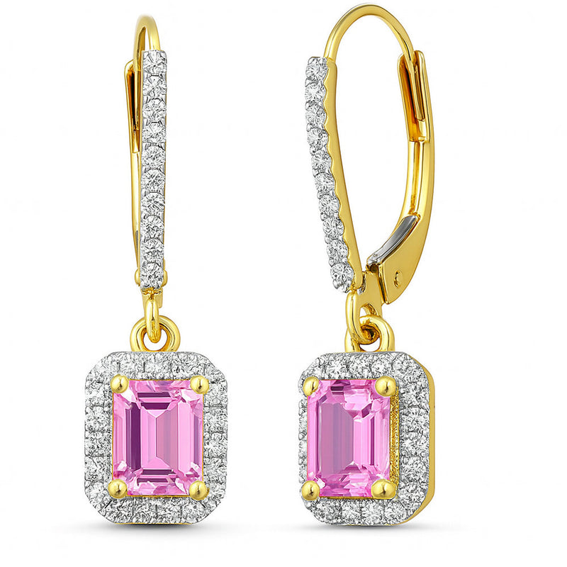 SPECIAL!1.04ct G SI 14K Yellow Gold Diamond & Pink Sapphire Gemstone Lever Back Earrings
