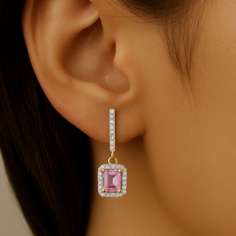 SPECIAL!1.04ct G SI 14K Yellow Gold Diamond & Pink Sapphire Gemstone Lever Back Earrings