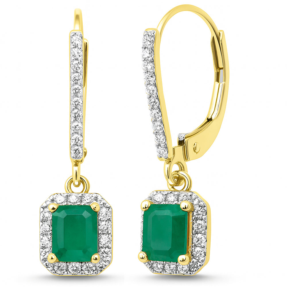 SPECIAL! .99ct G SI 14K Yellow Gold Diamond & Emerald Gemstone Lever Back Drop Earrings