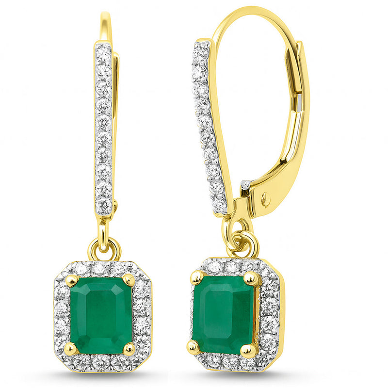 SPECIAL! .99ct G SI 14K Yellow Gold Diamond & Emerald Gemstone Lever Back Drop Earrings