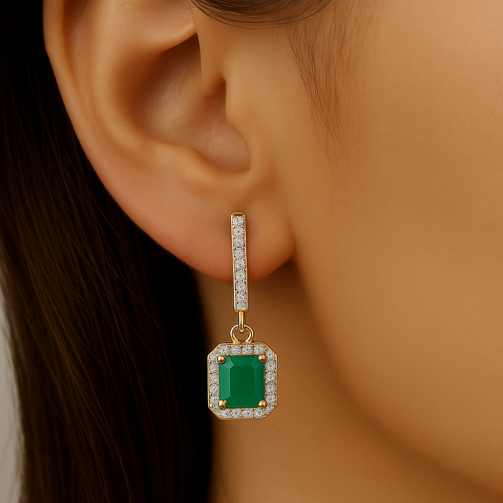 SPECIAL! .99ct G SI 14K Yellow Gold Diamond & Emerald Gemstone Lever Back Drop Earrings