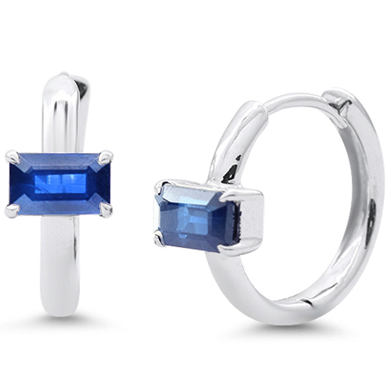 SPECIAL!.93ct 14K White Gold Blue Sapphire Gemstone Petite Hoop Earrings