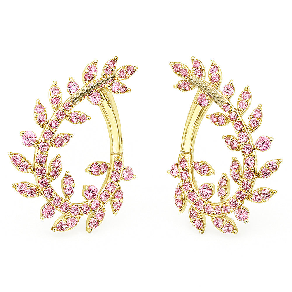 SPECIAL! 1.02ct G SI 14K Yellow Gold Pink Sapphire Gemstone Olive Branch Ear Crawler Earrings