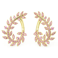 SPECIAL! 1.02ct G SI 14K Yellow Gold Pink Sapphire Gemstone Olive Branch Ear Crawler Earrings