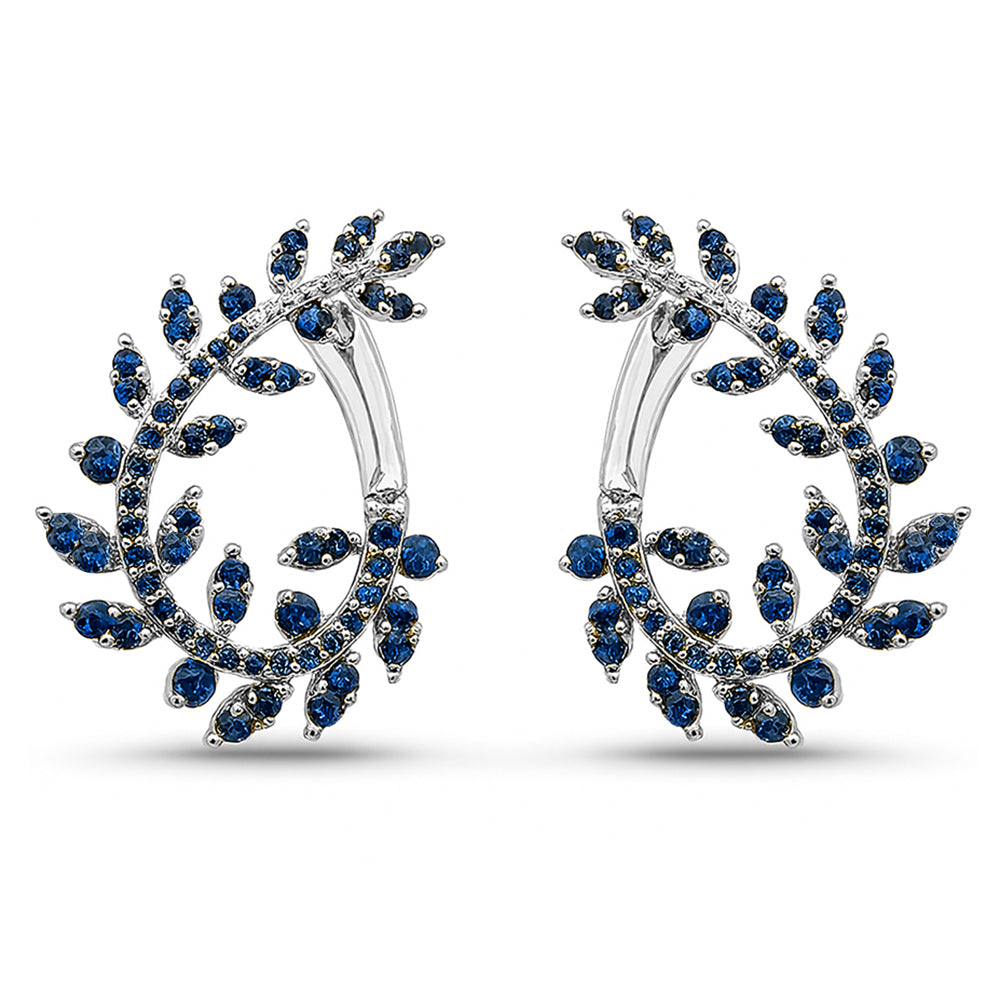 SPECIAL! 1.38ct G SI 14K White Gold Blue Sapphire Gemstone Olive Branch Ear Crawler Earrings