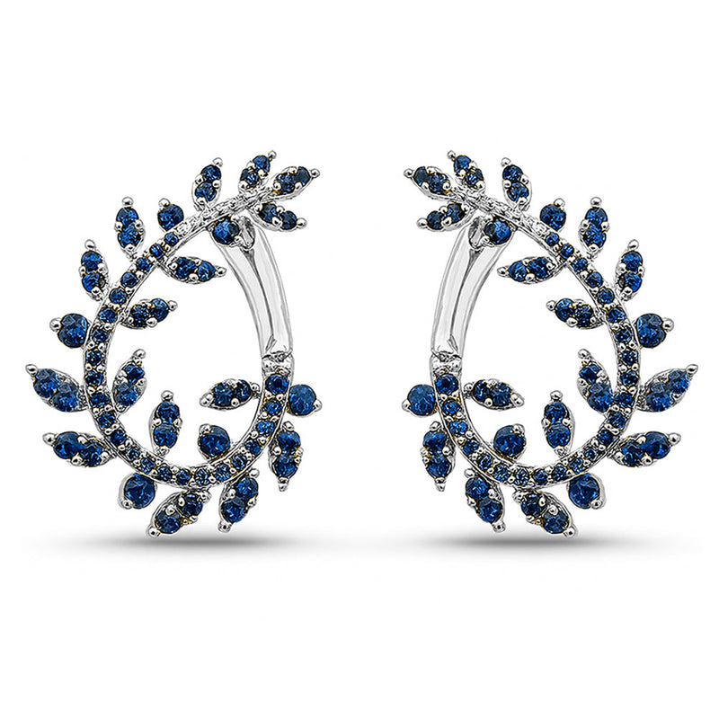 SPECIAL! 1.38ct G SI 14K White Gold Blue Sapphire Gemstone Olive Branch Ear Crawler Earrings