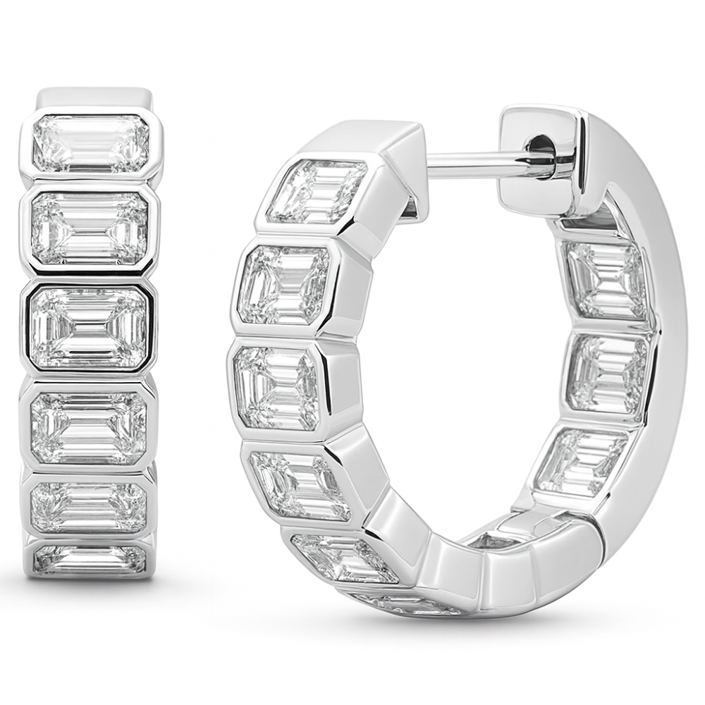 SPECIAL! 3.52ct G SI 14K White Gold Bezel Set Emerald Cut Diamond Hoop Huggie Earrings