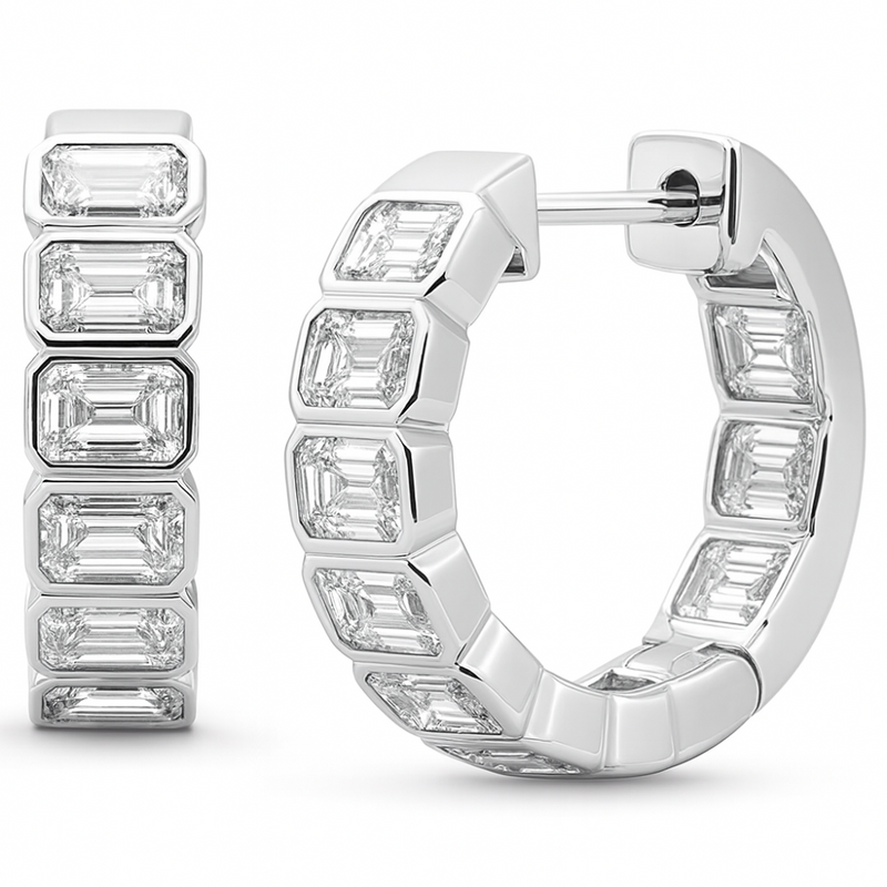 SPECIAL! 3.52ct G SI 14K White Gold Bezel Set Emerald Cut Diamond Hoop Huggie Earrings