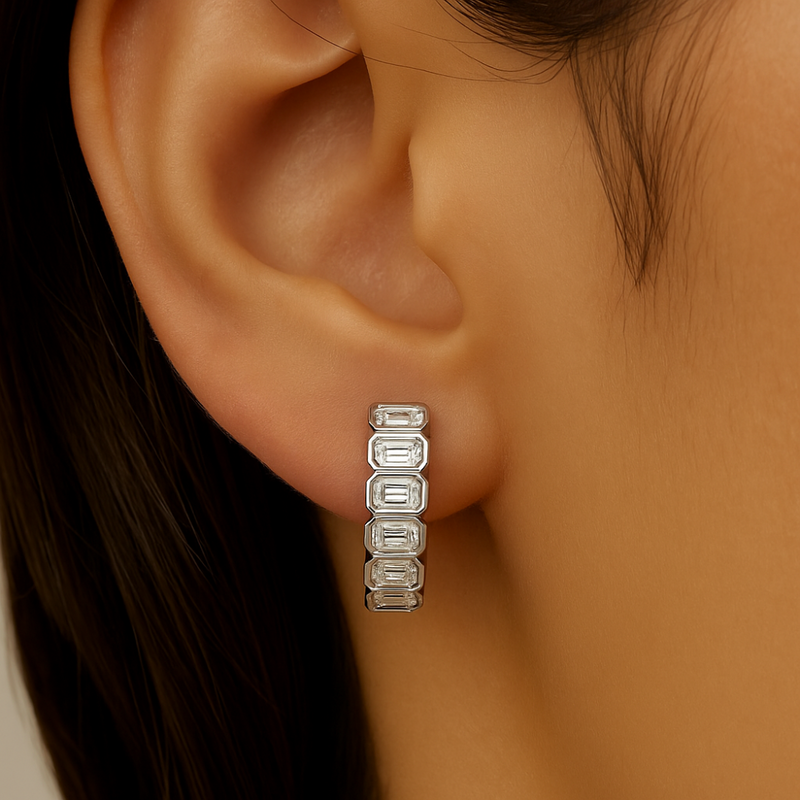 SPECIAL! 3.92ct G SI 14K White Gold Bezel Set Emerald Cut Diamond Hoop Huggie Earrings