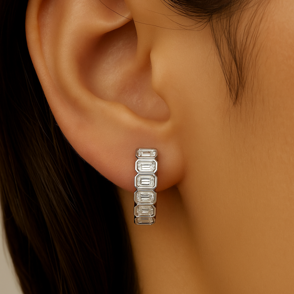 SPECIAL! 3.52ct G SI 14K White Gold Bezel Set Emerald Cut Diamond Hoop Huggie Earrings