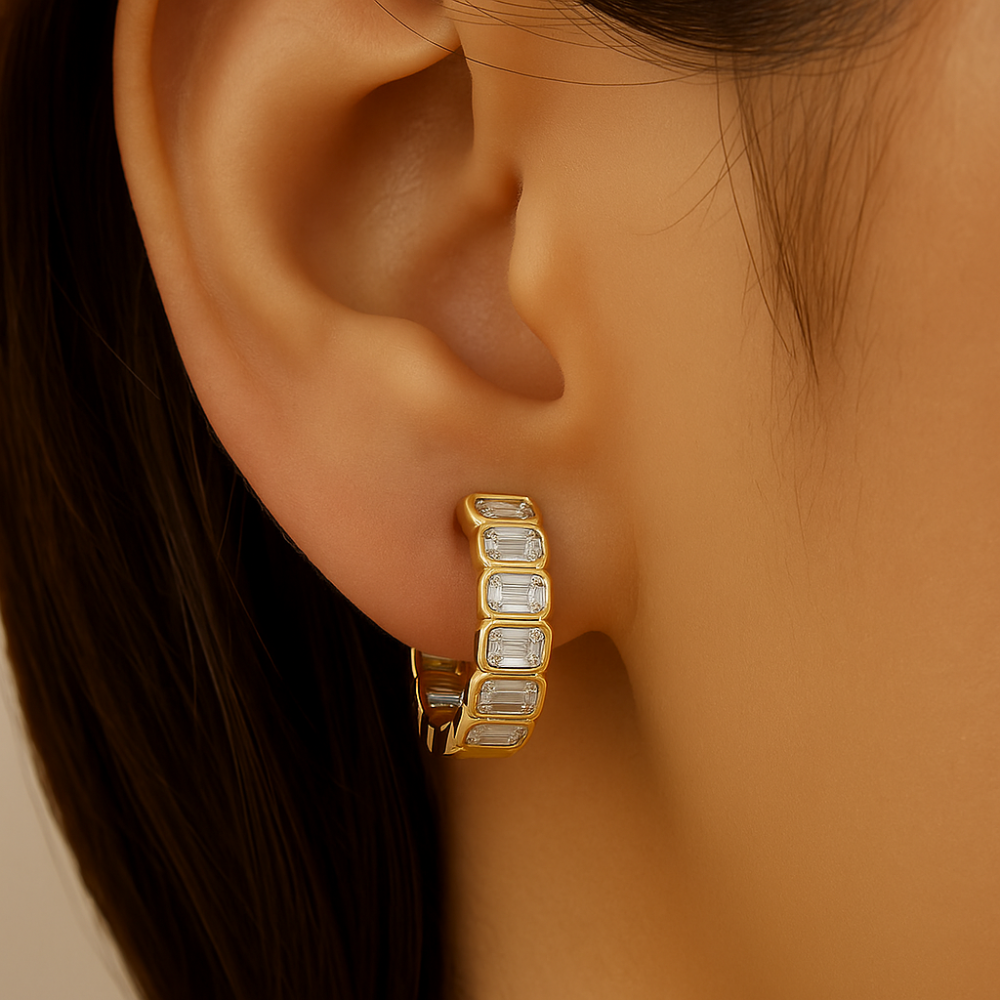 SPECIAL! 3.50ct G SI 14K Yellow Gold Bezel Set Emerald Cut Diamond Hoop Hughie Earrings