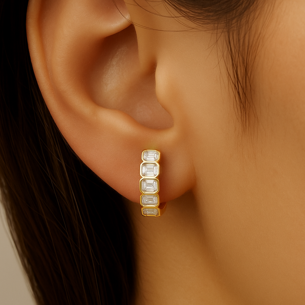 SPECIAL! 1.56ct G SI 14K Yellow Gold Bezel Set Emerald Cut Diamond Hoop Huggie Earrings