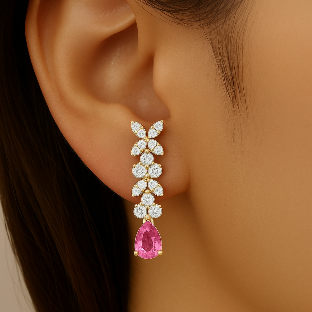 SPECIAL! .68ct G SI 14kt Yellow Gold Diamond & Pink Sapphire Gemstone Drop Earrings