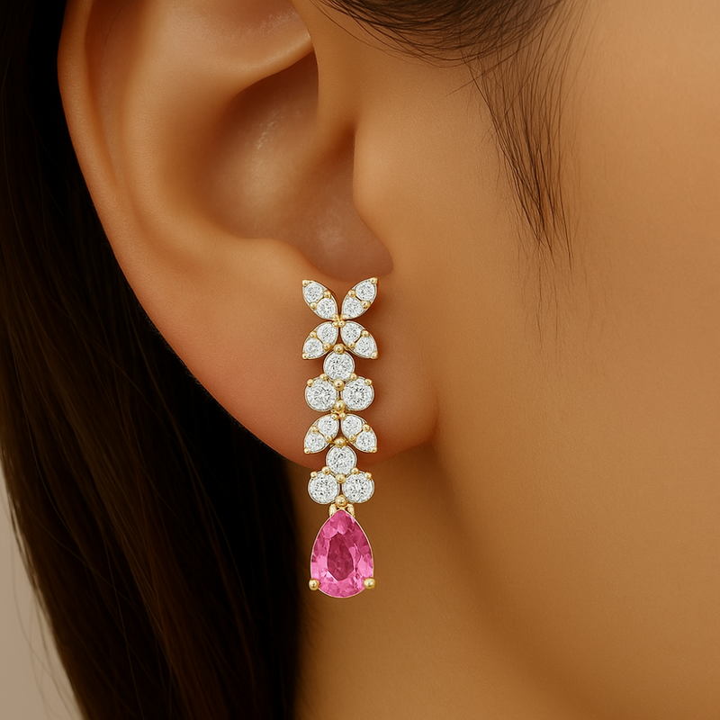 SPECIAL! .68ct G SI 14kt Yellow Gold Diamond & Pink Sapphire Gemstone Drop Earrings