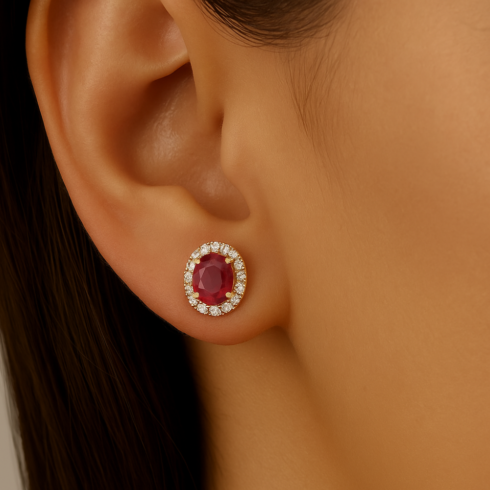 SPECIAL!.57ct G SI 14kt Yellow Gold Diamond & Ruby Gemstone Halo Stud Earrings
