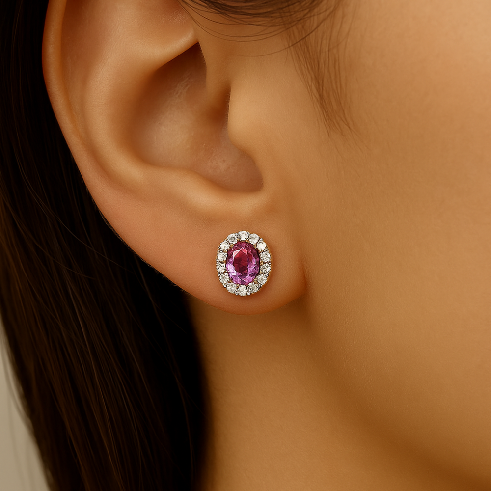 .48ct G SI 14kt Yellow Gold Diamond & Pink Sapphire Halo Stud Gemstone Earrings