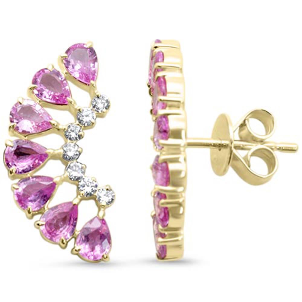 SPECIAL! 2.40ct G SI 14kt Yellow Gold Diamond & Pear Shape Pink Sapphire Gemstone Ear Crawler Earrings
