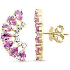 SPECIAL! 2.40ct G SI 14kt Yellow Gold Diamond & Pear Shape Pink Sapphire Gemstone Ear Crawler Earrings