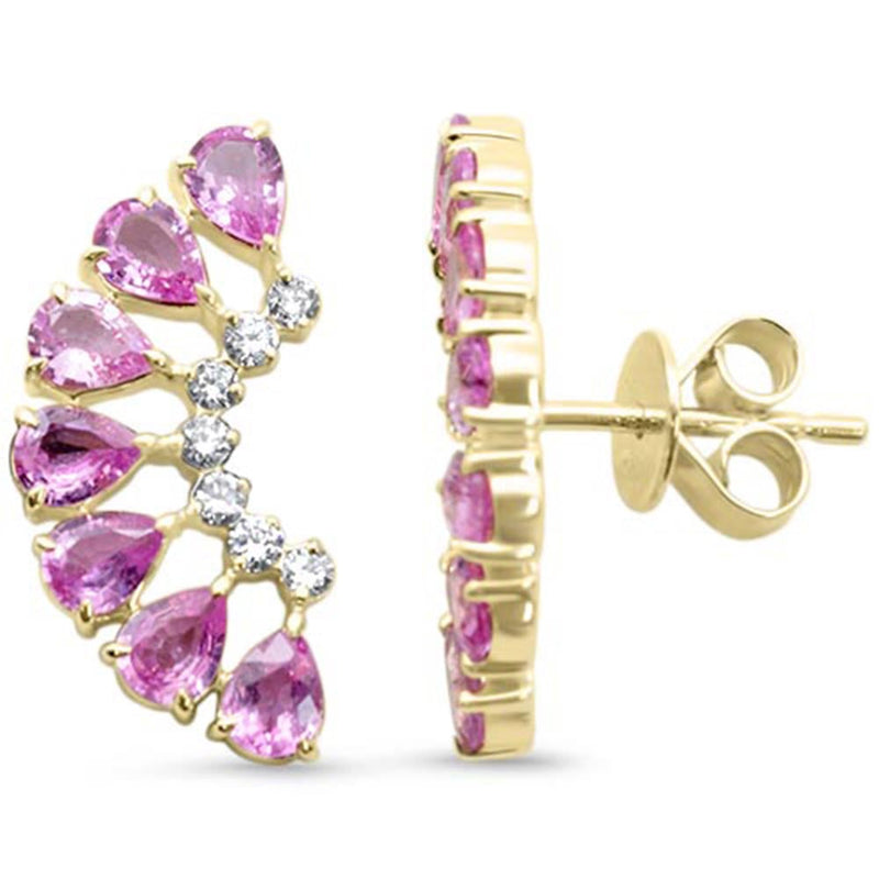 SPECIAL! 2.40ct G SI 14kt Yellow Gold Diamond & Pear Shape Pink Sapphire Gemstone Ear Crawler Earrings
