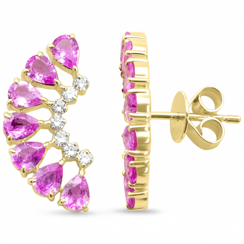 SPECIAL! 2.40ct G SI 14kt Yellow Gold Diamond & Pear Shape Pink Sapphire Gemstone Ear Crawler Earrings