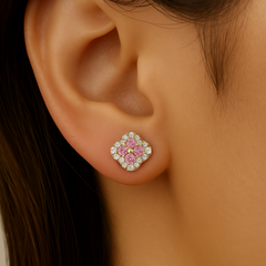 SPECIAL! .53ct G SI 14kt Yellow Gold Diamond & Pink Sapphire Gemstone Petite Clover Earrings