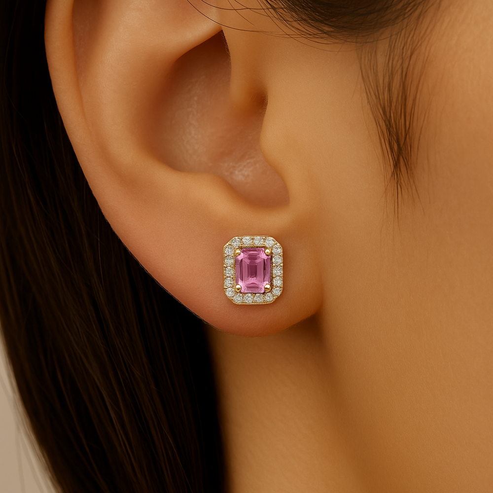 SPECIAL! .72ct G SI 14kt Yellow Gold Diamond & Pink Sapphire Halo Gemstones Stud Earrings