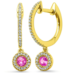 SPECIAL! .38ct G SI 14kt Yellow Gold Diamond & Pink Sapphire Gemstones Dangling Hoop Earrings