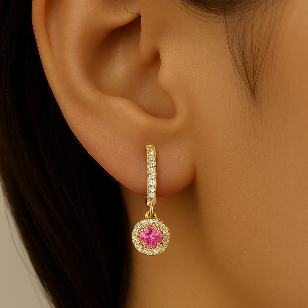SPECIAL! .38ct G SI 14kt Yellow Gold Diamond & Pink Sapphire Gemstones Dangling Hoop Earrings