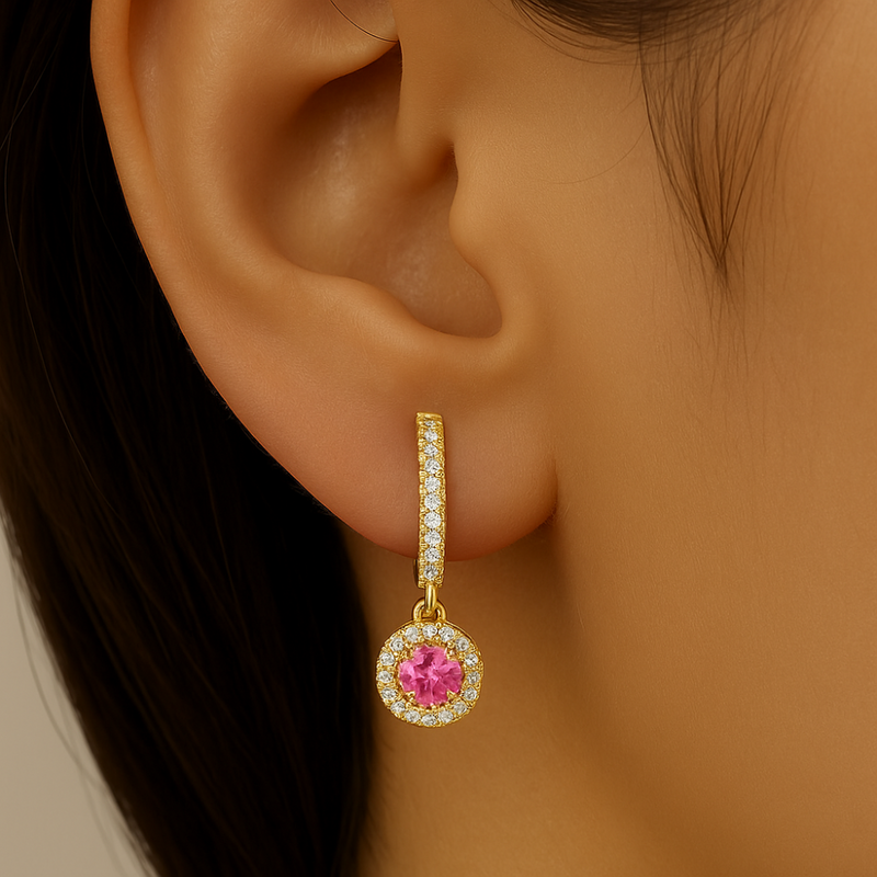SPECIAL! .38ct G SI 14kt Yellow Gold Diamond & Pink Sapphire Gemstones Dangling Hoop Earrings