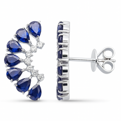 SPECIAL! 3.14ct G SI 14kt White Gold Diamond & Pear Shape Blue Sapphire Gemstone Ear Crawler Earrings