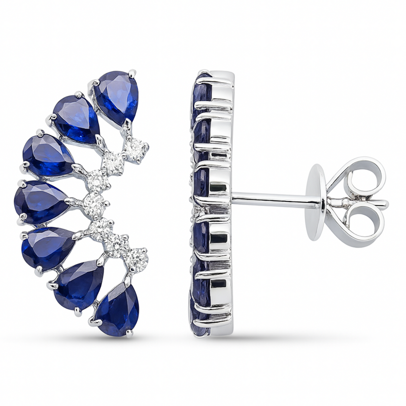 SPECIAL! 3.14ct G SI 14kt White Gold Diamond & Pear Shape Blue Sapphire Gemstone Ear Crawler Earrings